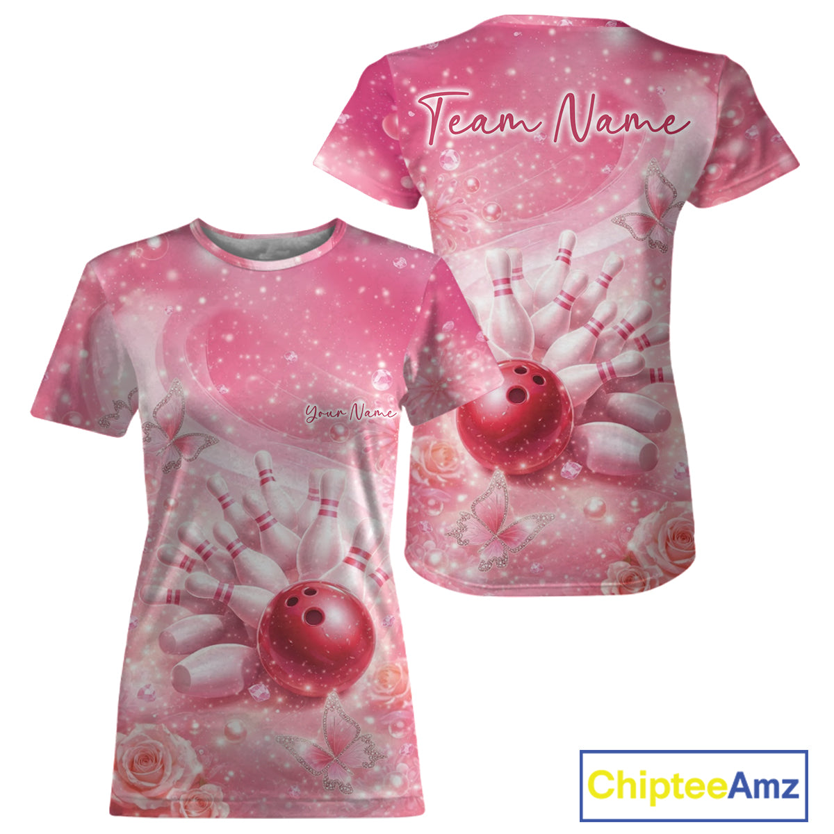 Front and back view of a women’s crewneck bowling T-shirt featuring a pink bowling ball striking pins with butterflies and sparkling diamond accents.