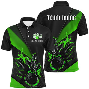 Custom Black And Green Bowling Team Shirts For Men, Flame Bowling Tournament Jerseys IPHW6736