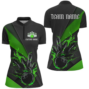 Custom Black And Green Bowling Team Shirts For Men, Flame Bowling Tournament Jerseys IPHW6736