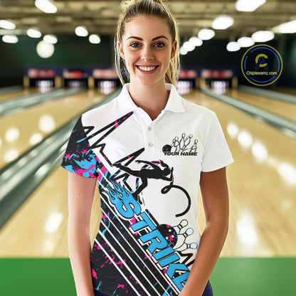 Custom Blue And Pink Camo Strike Bowling Women Polo Shirts, Bowling Heartbeat Pulse Line IPHW9248