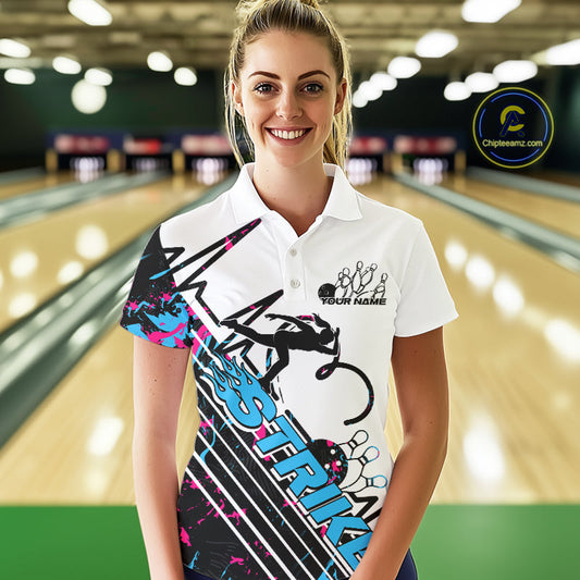 Custom Blue And Pink Camo Strike Bowling Women Polo Shirts, Bowling Heartbeat Pulse Line IPHW9248