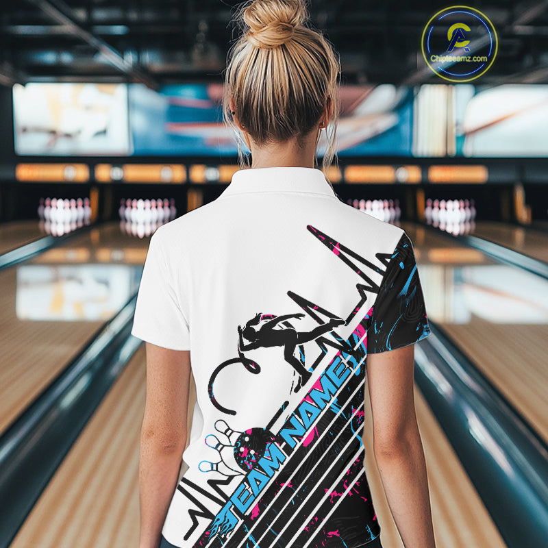 Custom Blue And Pink Camo Strike Bowling Women Polo Shirts, Bowling Heartbeat Pulse Line IPHW9248