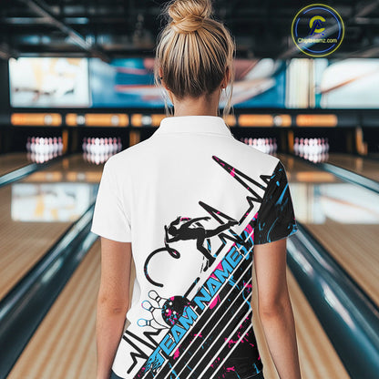 Custom Blue And Pink Camo Strike Bowling Women Polo Shirts, Bowling Heartbeat Pulse Line IPHW9248