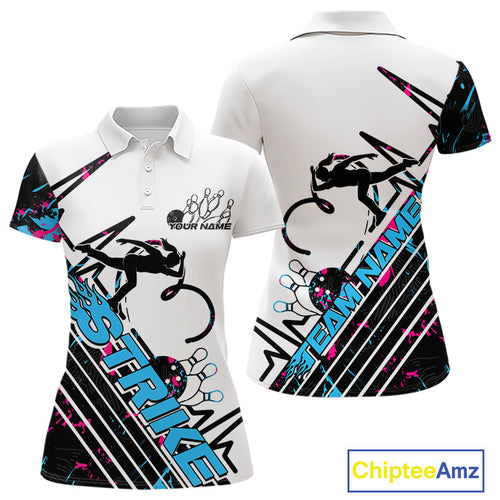 Custom Blue And Pink Camo Strike Bowling Women Polo Shirts, Bowling Heartbeat Pulse Line IPHW9248