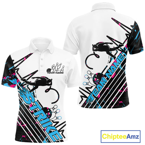 Custom Blue And Pink Camo Strike Bowling Polo Shirts For Men, Bowling Heartbeat Pulse Line IPHW9248