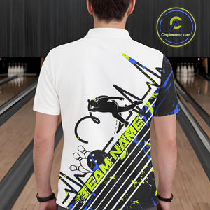 Custom Blue And Green Camo Strike Bowling Polo Shirt For Men, Bowling Heartbeat Pulse Line IPHW9249