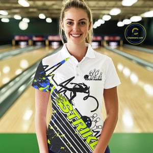 Custom Blue And Green Camo Strike Bowling Women Polo Shirt, Bowling Heartbeat Pulse Line IPHW9249