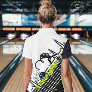 Custom Blue And Green Camo Strike Bowling Women Polo Shirt, Bowling Heartbeat Pulse Line IPHW9249