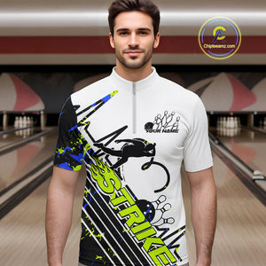 Custom Blue And Green Camo Strike Bowling Quarter-Zip Shirt For Men, Bowling Heartbeat Pulse Line IPHW9249
