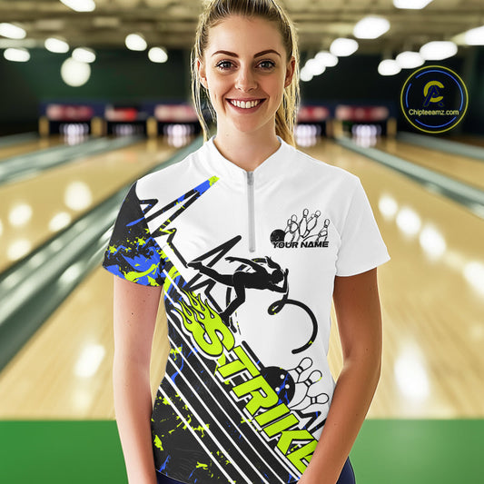 Custom Blue And Green Camo Strike Bowling Quarter-Zip Shirt For Women, Bowling Heartbeat IPHW9249