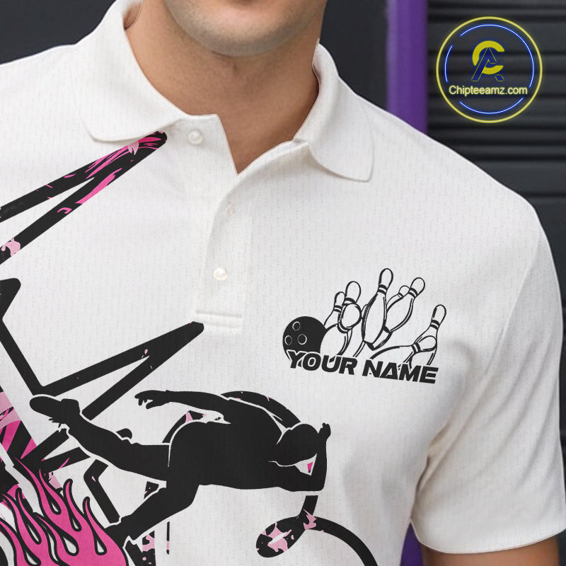 Custom Black And Pink Camo Strike Bowling Polo Shirt For Men, Bowling Heartbeat Pulse Line IPHW9250