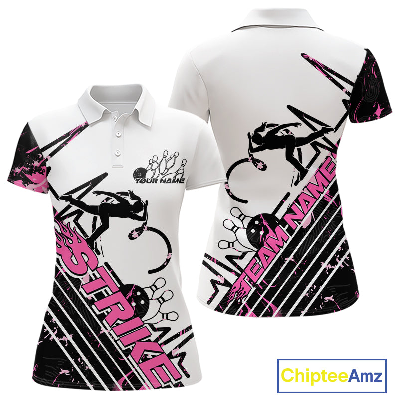 Custom Black And Pink Camo Strike Bowling Women Polo Shirt, Bowling Heartbeat Pulse Line IPHW9250