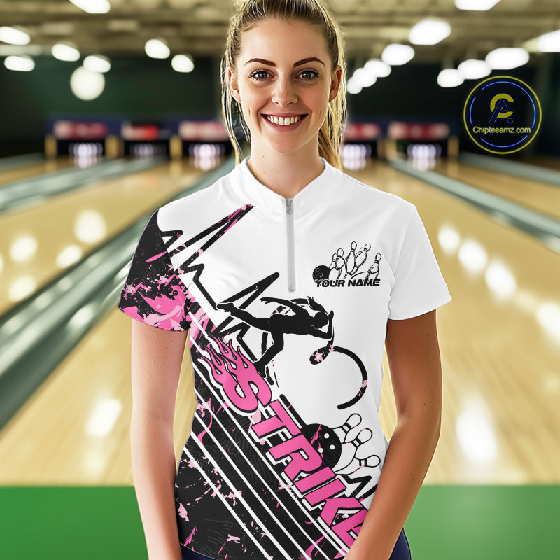 Custom Black And Pink Camo Strike Bowling Quarter-Zip Shirt For Women, Bowling Heartbeat IPHW9250