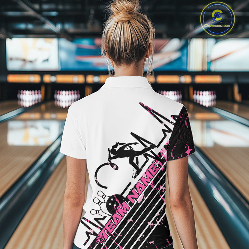 Custom Black And Pink Camo Strike Bowling Quarter-Zip Shirt For Women, Bowling Heartbeat IPHW9250
