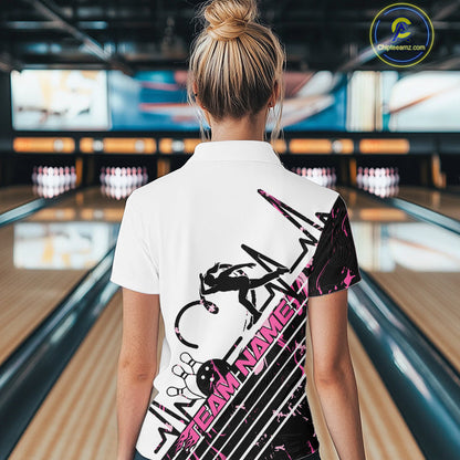 Custom Black And Pink Camo Strike Bowling Quarter-Zip Shirt For Women, Bowling Heartbeat IPHW9250