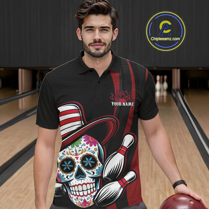Custom Black And Red Sugar Skull Bowling Team Polo Shirts For Men, Bowling League Shirt IPHW9256