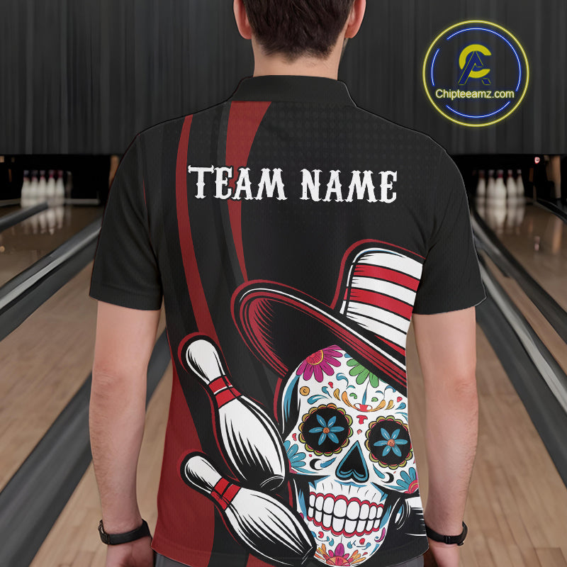 Custom Black And Red Sugar Skull Bowling Team Polo Shirts For Men, Bowling League Shirt IPHW9256