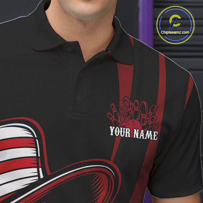 Custom Black And Red Sugar Skull Bowling Team Polo Shirts For Men, Bowling League Shirt IPHW9256