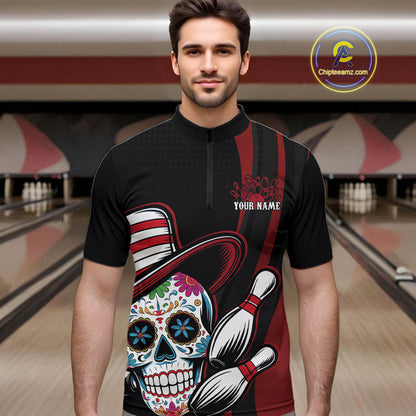 Custom Black And Red Sugar Skull Bowling Team Quarter-Zip Shirts For Men, Bowling League Shirt IPHW9256