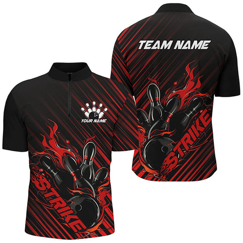 Custom Black And Red Flame Bowling Shirts For Men, Strike Bowling Team Shirts Outfit Bowling IPHW7319