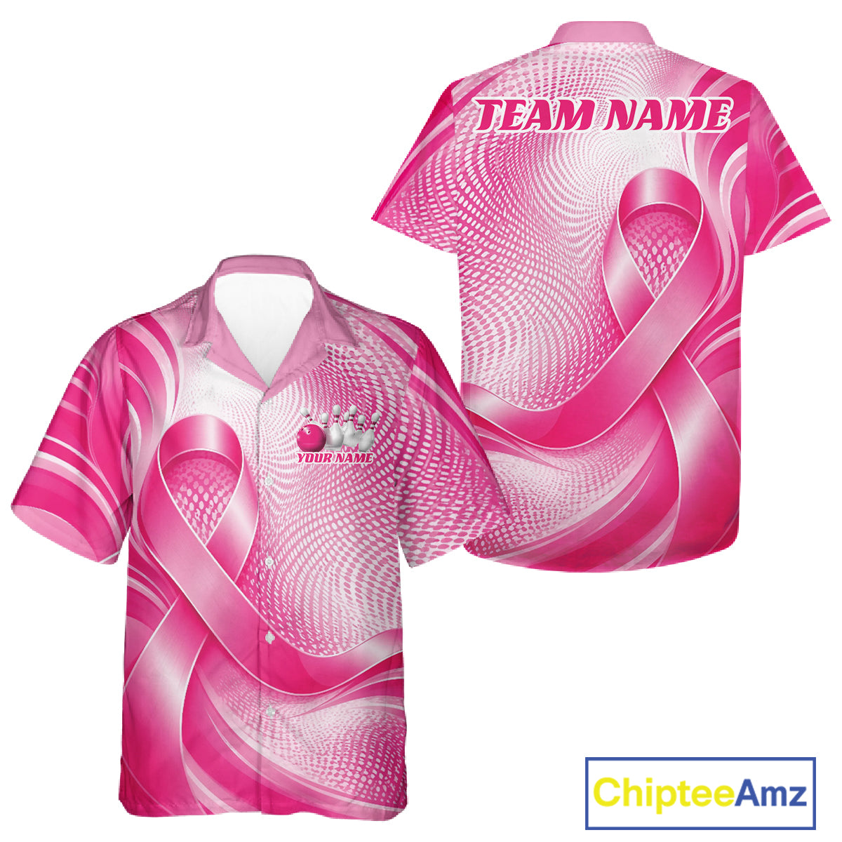 Custom Breast Cancer Awareness Pink Ribbon Bowling Team Men And Women Button Up Shirt Bowling Jersey IPHW12046