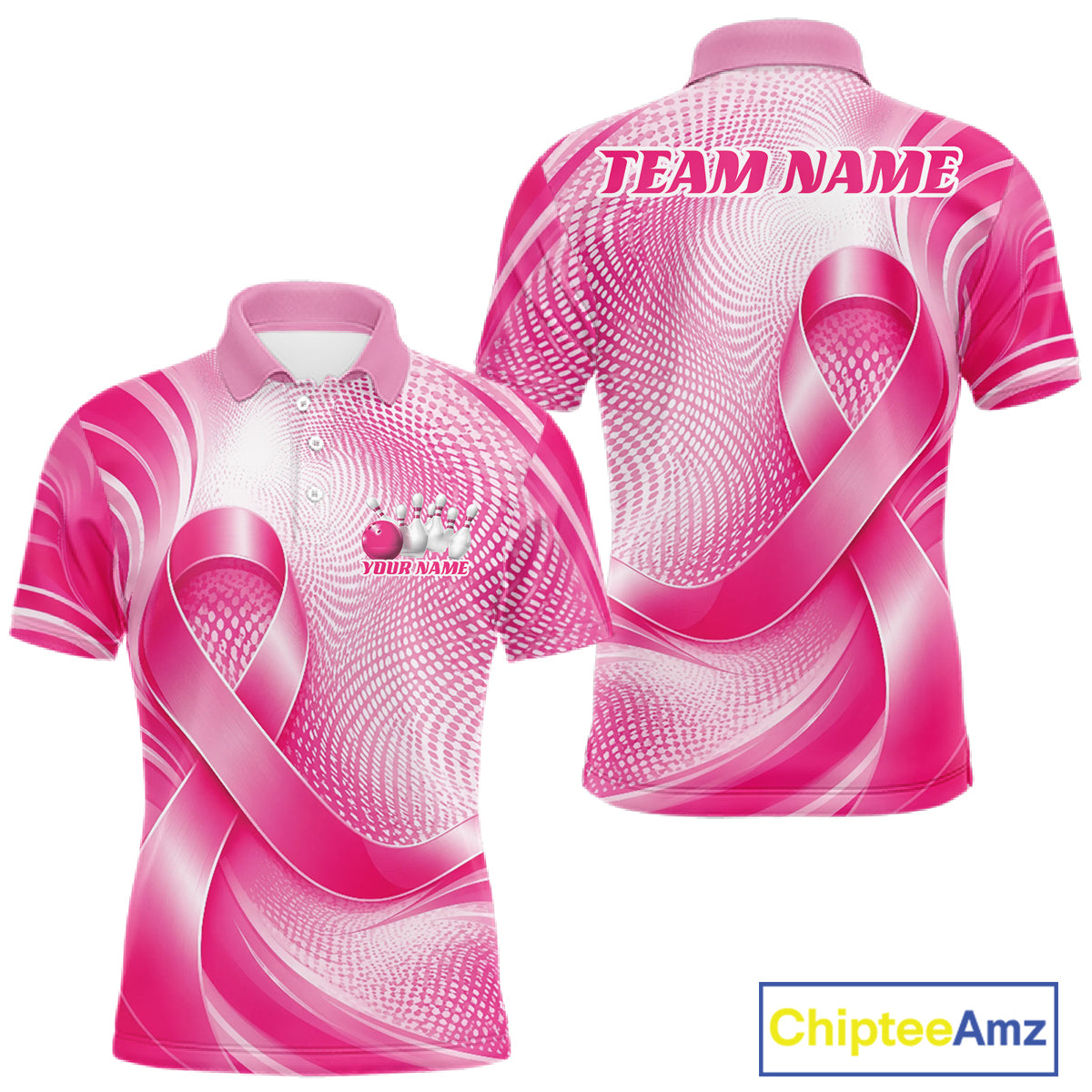 Custom Breast Cancer Awareness Pink Ribbon Bowling Team Men Polo Shirt Bowling Jersey IPHW12046