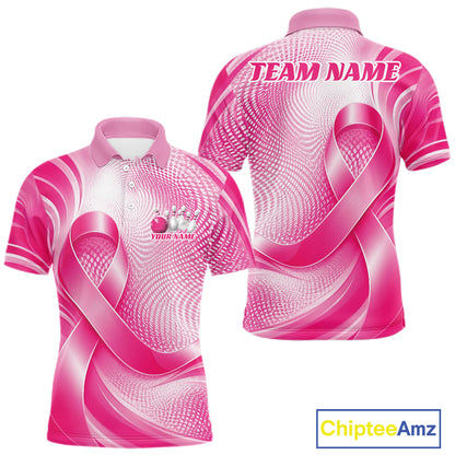 Custom Breast Cancer Awareness Pink Ribbon Bowling Team Men Polo Shirt Bowling Jersey IPHW12046