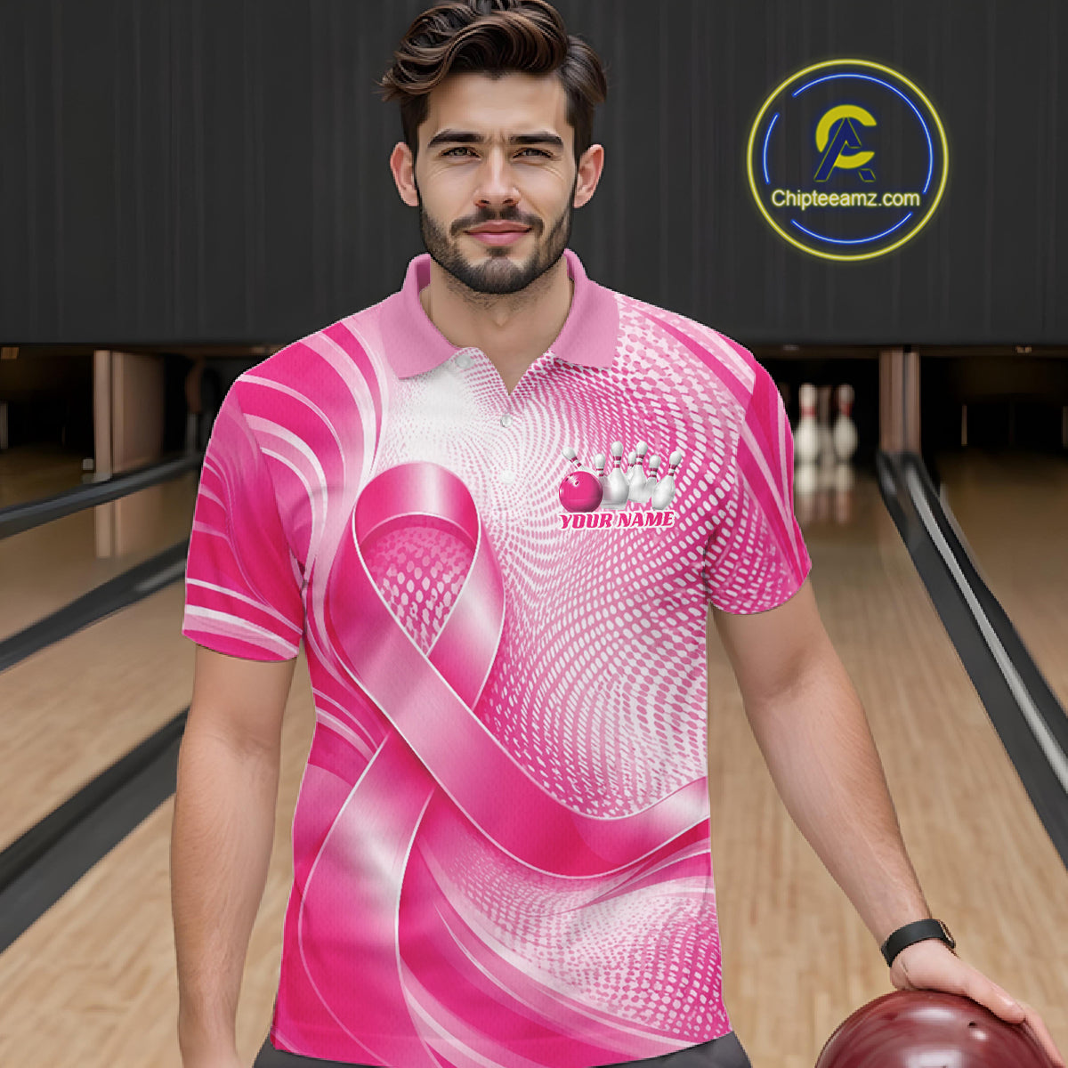 Custom Breast Cancer Awareness Pink Ribbon Bowling Team Men Polo Shirt Bowling Jersey IPHW12046