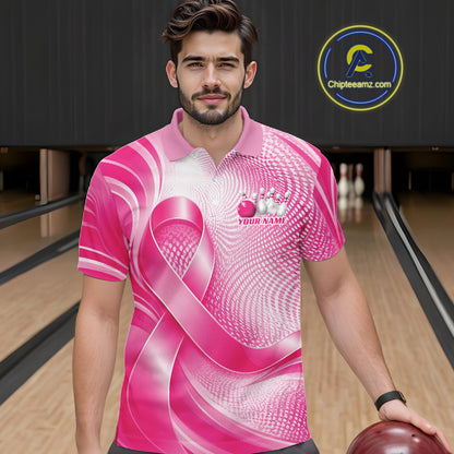 Custom Breast Cancer Awareness Pink Ribbon Bowling Team Men Polo Shirt Bowling Jersey IPHW12046