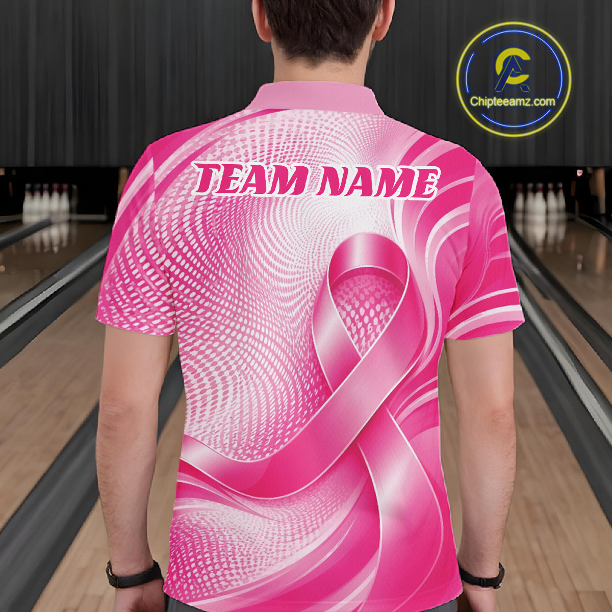 Custom Breast Cancer Awareness Pink Ribbon Bowling Team Men Polo Shirt Bowling Jersey IPHW12046