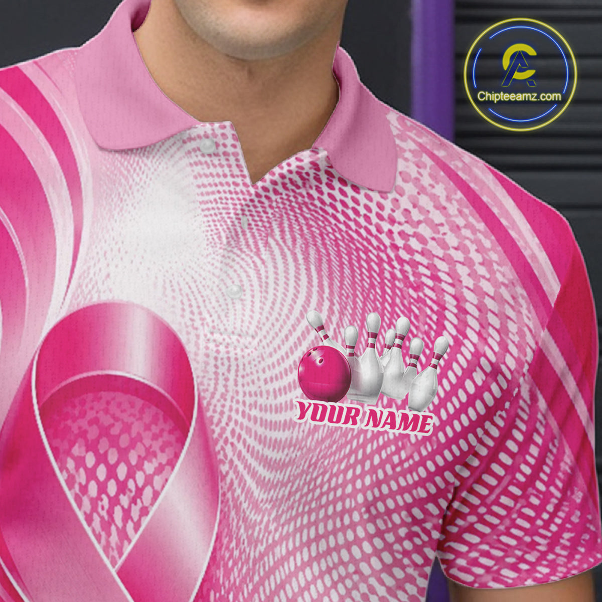Custom Breast Cancer Awareness Pink Ribbon Bowling Team Men Polo Shirt Bowling Jersey IPHW12046