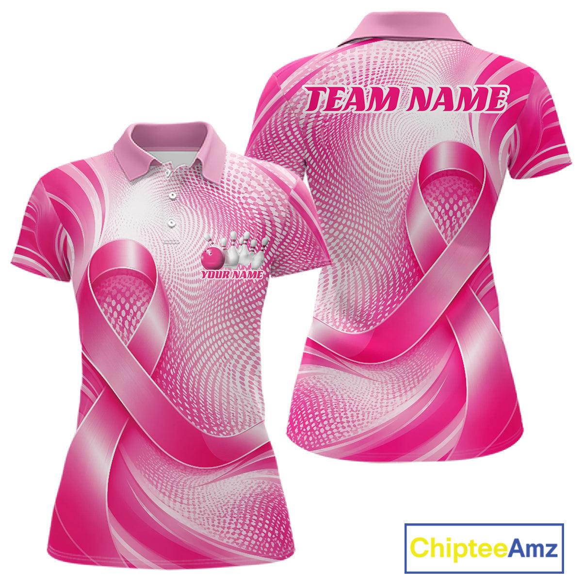 Custom Breast Cancer Awareness Pink Ribbon Bowling Team Women Polo Shirt Bowling Jersey IPHW12046