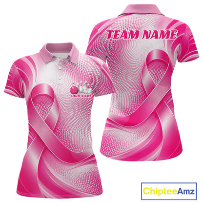 Custom Breast Cancer Awareness Pink Ribbon Bowling Team Women Polo Shirt Bowling Jersey IPHW12046