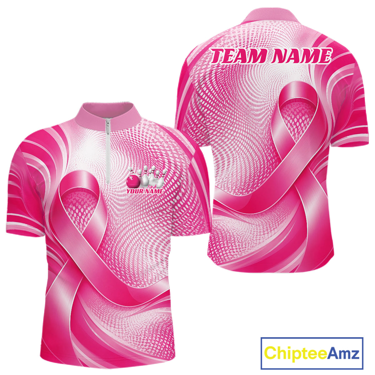 Custom Breast Cancer Awareness Pink Ribbon Bowling Team Men Quarter Zip Shirt Bowling Jersey IPHW12046