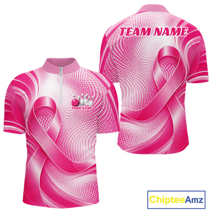 Custom Breast Cancer Awareness Pink Ribbon Bowling Team Men Quarter Zip Shirt Bowling Jersey IPHW12046