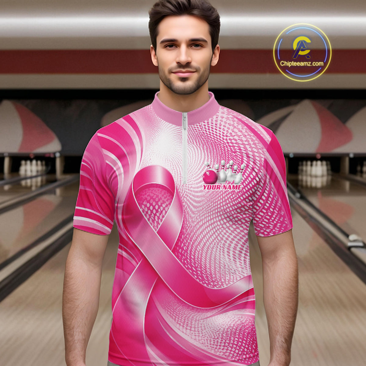 Custom Breast Cancer Awareness Pink Ribbon Bowling Team Men Quarter Zip Shirt Bowling Jersey IPHW12046