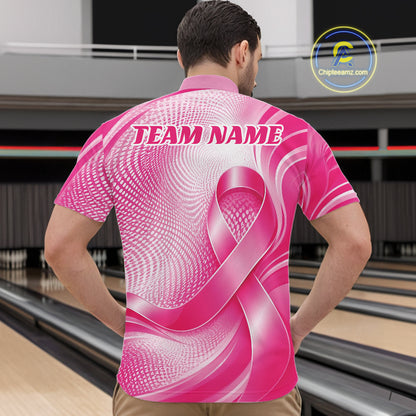 Custom Breast Cancer Awareness Pink Ribbon Bowling Team Men Quarter Zip Shirt Bowling Jersey IPHW12046