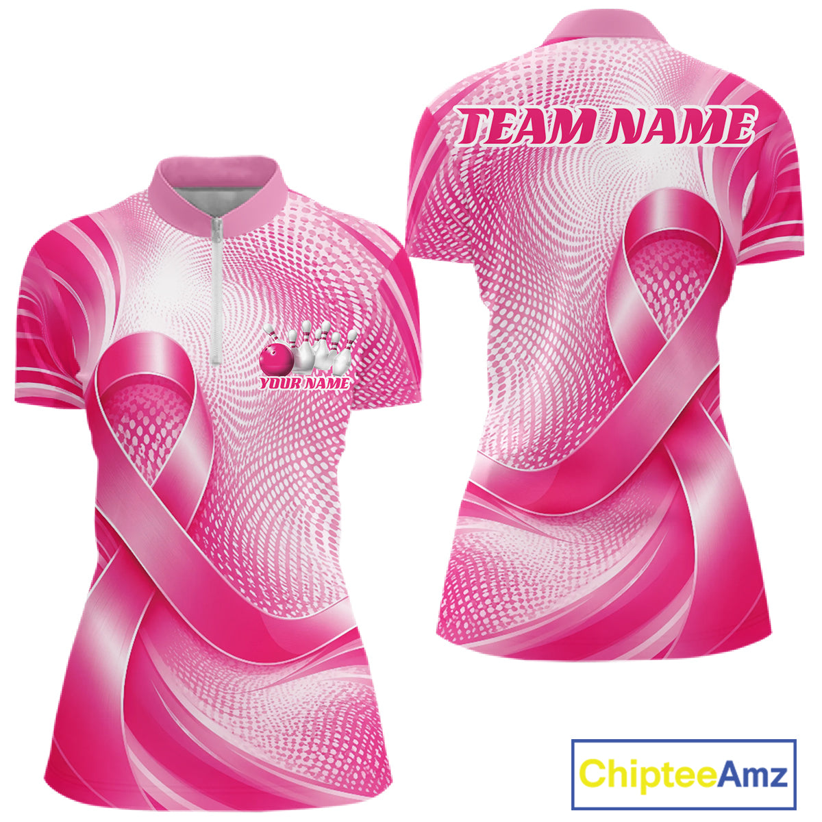 Custom Breast Cancer Pink Ribbon Bowling Women Quarter-Zip Shirt Bowling Jersey IPHW12046