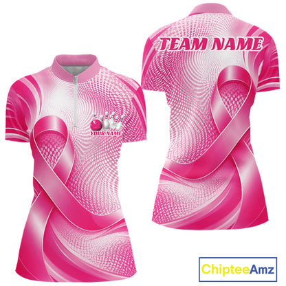 Custom Breast Cancer Pink Ribbon Bowling Women Quarter-Zip Shirt Bowling Jersey IPHW12046