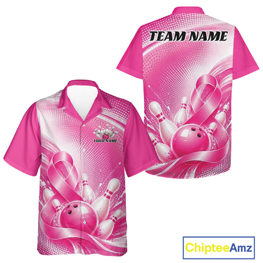 Custom Pink Splatter Breast Cancer Pink Ribbon Bowling Men And Women Button Up Shirt, Team League Shirt IPHW12049