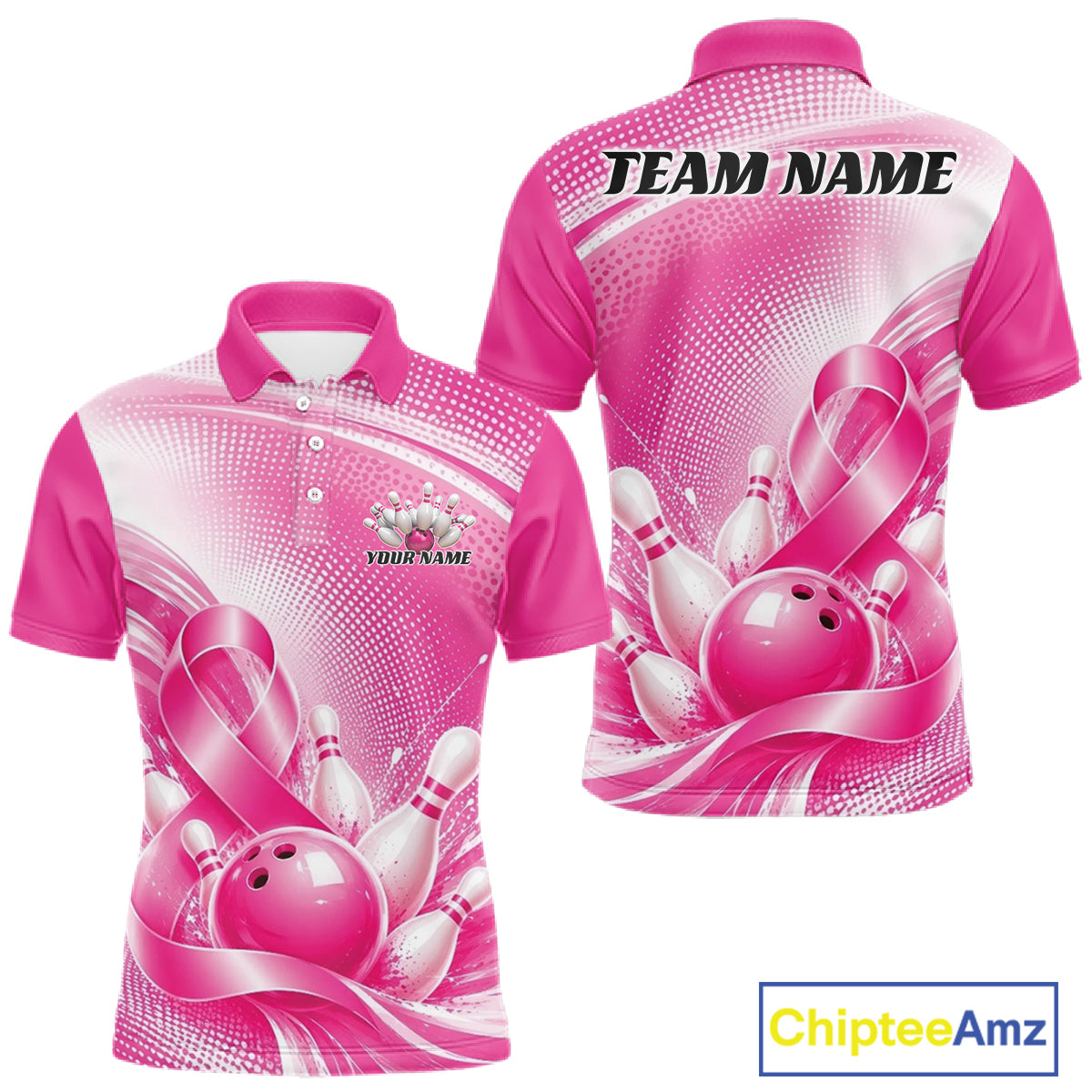 Custom Pink Splatter Breast Cancer Pink Ribbon Bowling Men Polo Shirt, Team League Shirt IPHW12049