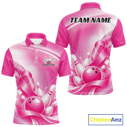Custom Pink Splatter Breast Cancer Pink Ribbon Bowling Men Polo Shirt, Team League Shirt IPHW12049