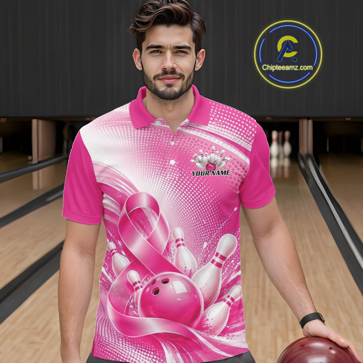 Custom Pink Splatter Breast Cancer Pink Ribbon Bowling Men Polo Shirt, Team League Shirt IPHW12049