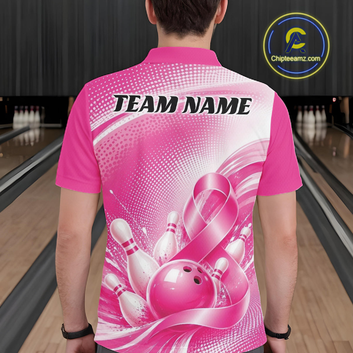 Custom Pink Splatter Breast Cancer Pink Ribbon Bowling Men Polo Shirt, Team League Shirt IPHW12049