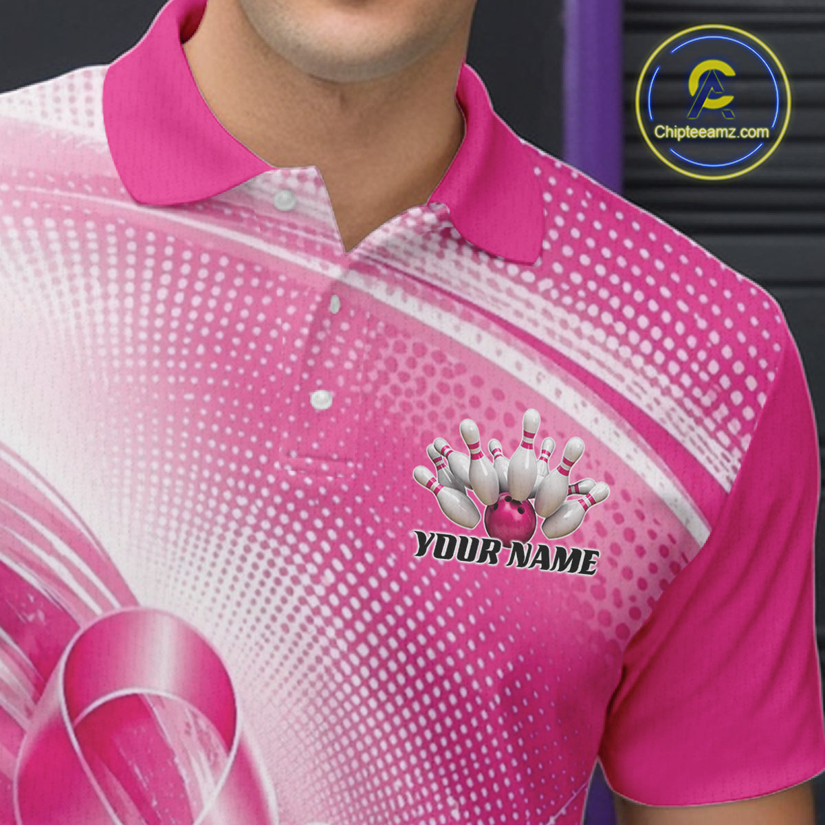 Custom Pink Splatter Breast Cancer Pink Ribbon Bowling Men Polo Shirt, Team League Shirt IPHW12049