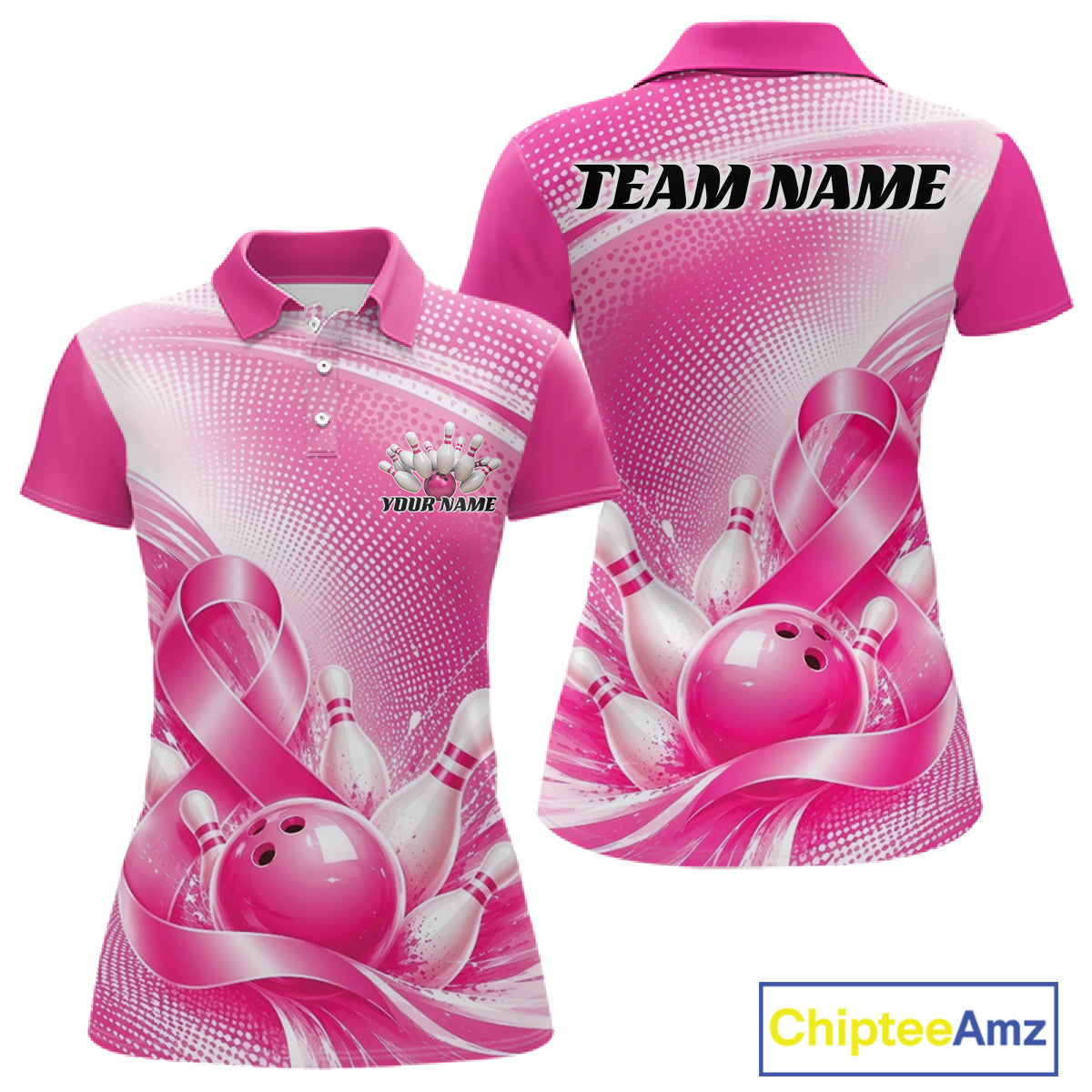 Custom Pink Splatter Breast Cancer Pink Ribbon Bowling Women Polo Shirt, Team League Shirt IPHW12049