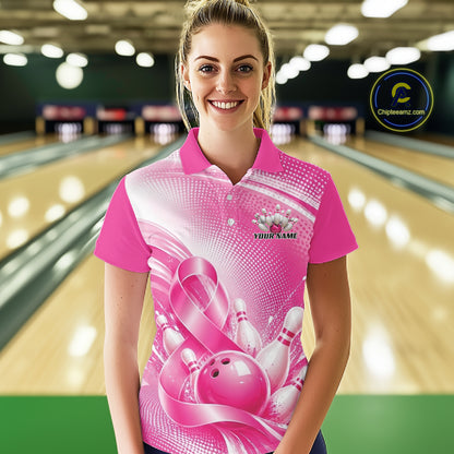 Custom Pink Splatter Breast Cancer Pink Ribbon Bowling Women Polo Shirt, Team League Shirt IPHW12049