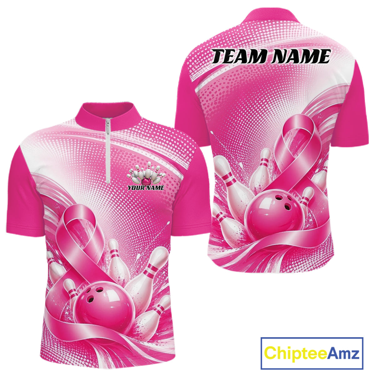 Custom Pink Splatter Breast Cancer Pink Ribbon Bowling Men Quarter Zip Shirt, Team League Shirt IPHW12049