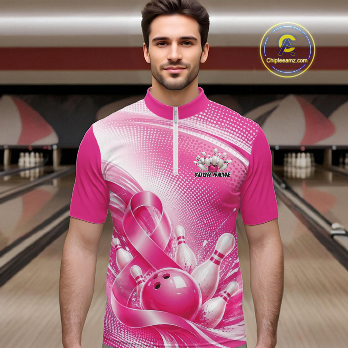 Custom Pink Splatter Breast Cancer Pink Ribbon Bowling Men Quarter Zip Shirt, Team League Shirt IPHW12049