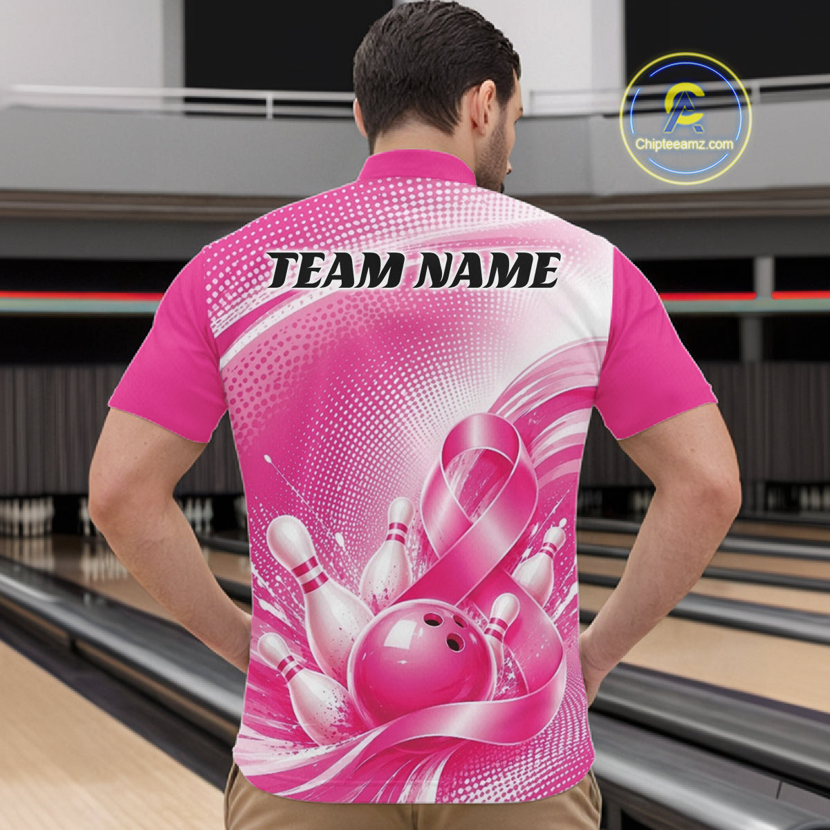 Custom Pink Splatter Breast Cancer Pink Ribbon Bowling Men Quarter Zip Shirt, Team League Shirt IPHW12049